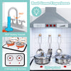 Kids kitchen playset featuring a 360° rotary faucet, simulated burners, and light-up hood for immersive cooking fun.