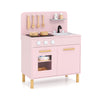 Kids kitchen playset in pink with dual stoves, removable sink, and storage, perfect for imaginative role-playing.