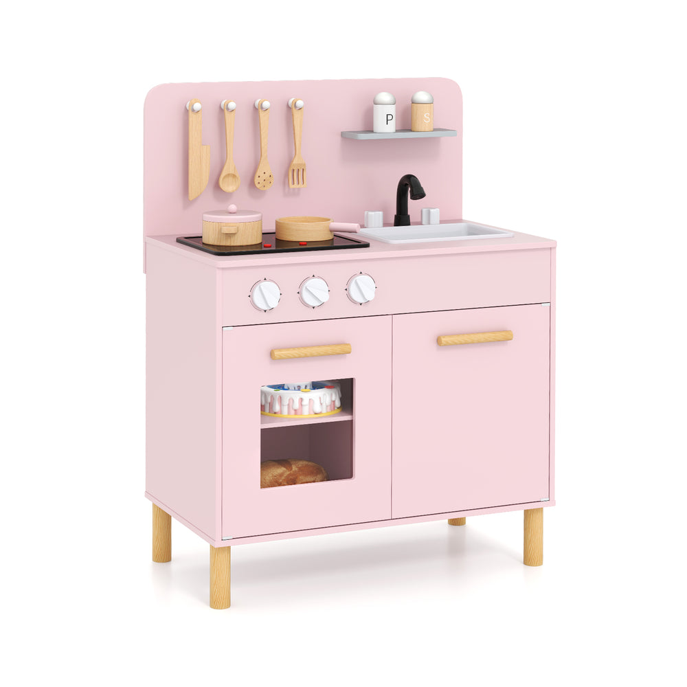 Kids kitchen playset in pink with dual stoves, removable sink, and storage, perfect for imaginative role-playing.