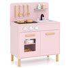 Kids kitchen playset in pink featuring a rotatable faucet, oven with transparent door, and ample storage for.