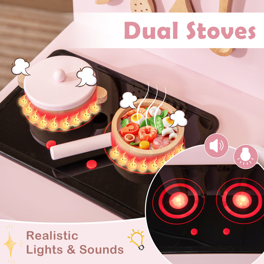 Kids kitchen playset with dual stoves, realistic lights and sounds, and cooking accessories for imaginative play.