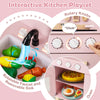 Kids kitchen playset in pink with rotatable faucet, removable sink, and interactive cooking accessories for imaginative.