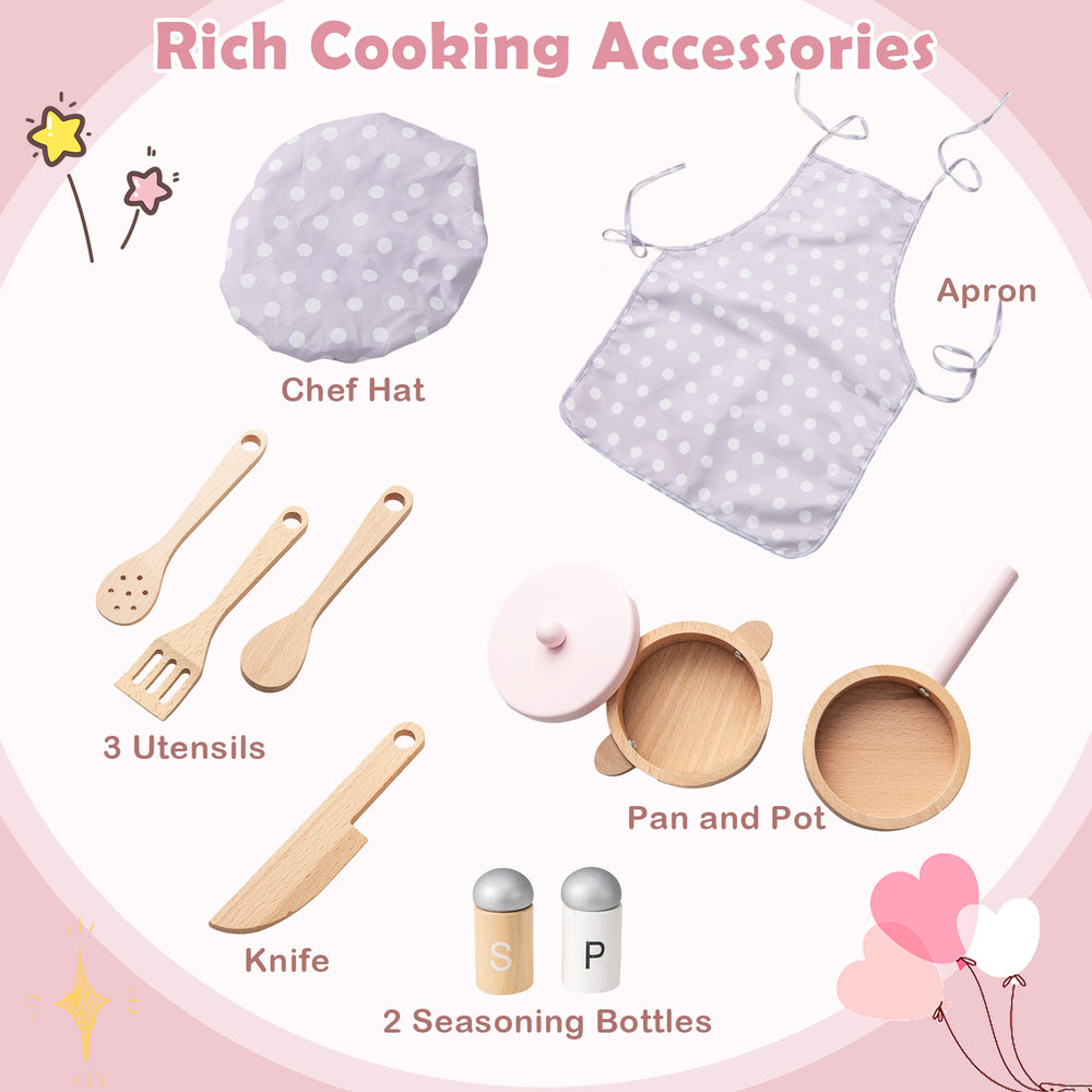 Kids kitchen playset with pink apron, chef hat, utensils, knife, pot, and seasoning bottles for imaginative cooking fun.