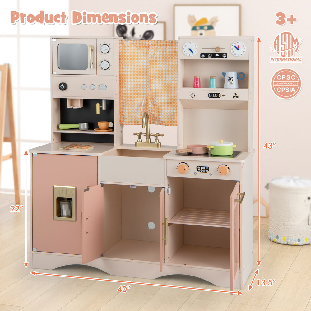 Detailed product dimensions of the pink kids kitchen playset, highlighting its 40" width and 22" depth for space.