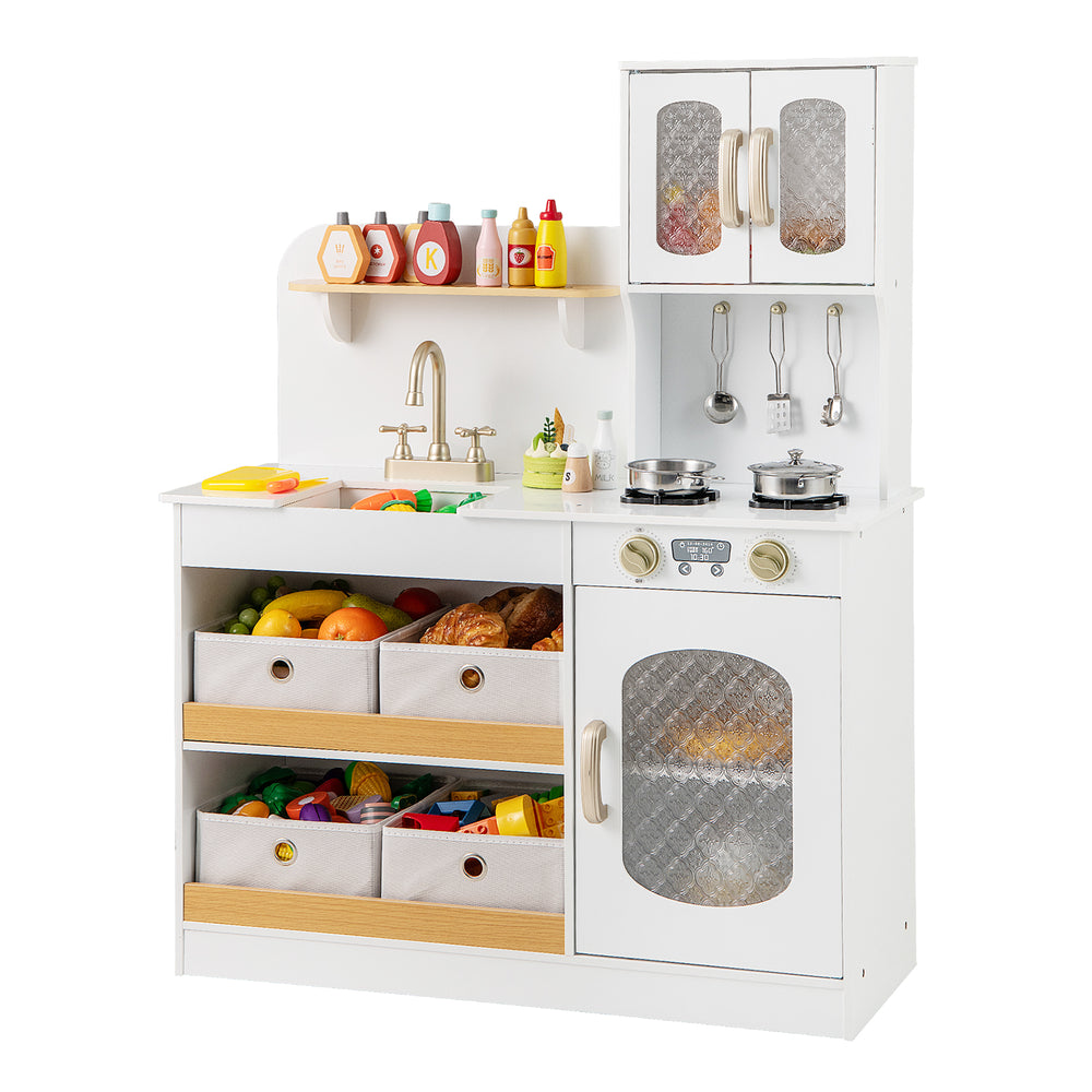 Kids kitchen playset in white with realistic stove, oven, large sink, and storage drawers for imaginative cooking fun.