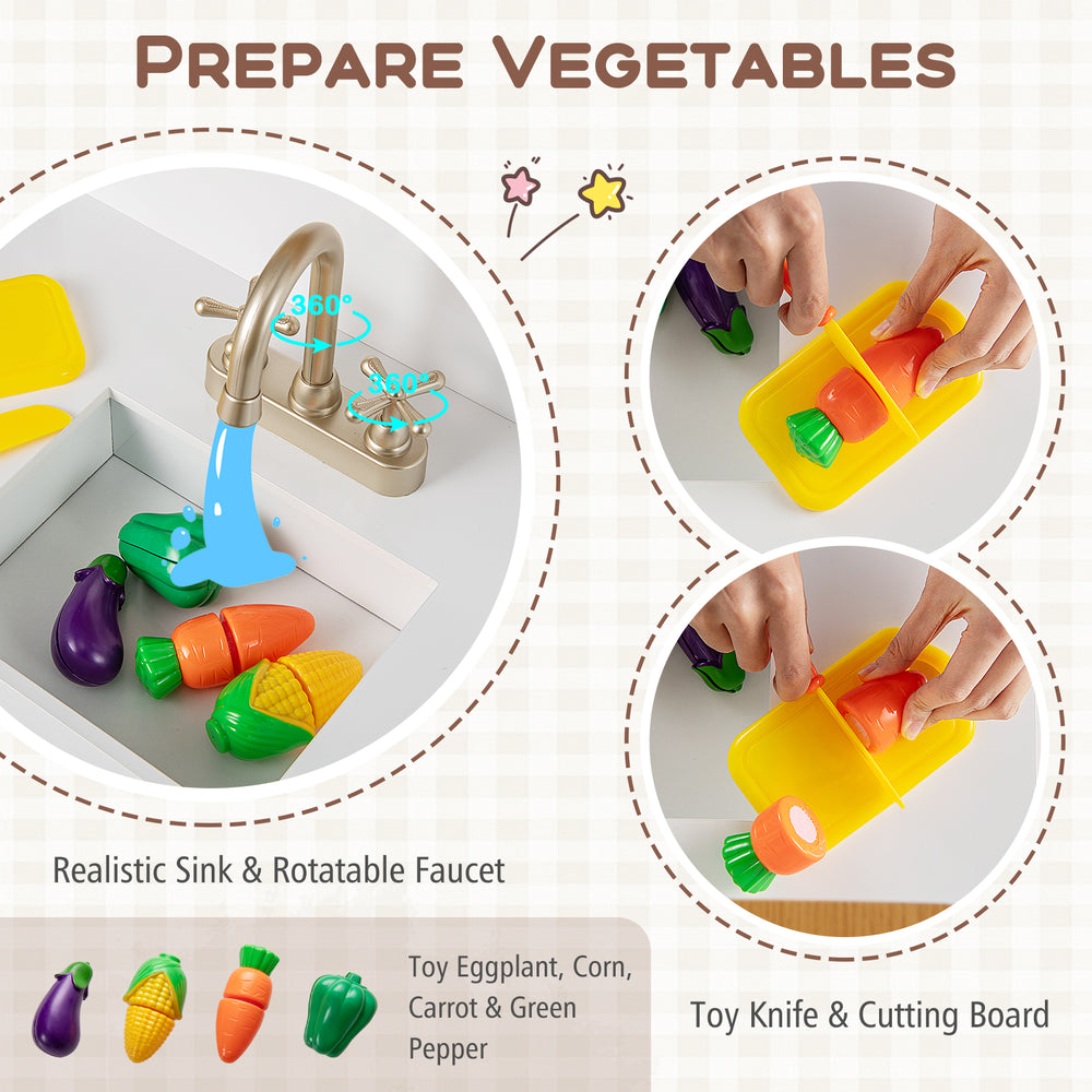 Toy vegetables including eggplant, corn, and carrot in a kids kitchen playset with a realistic sink and faucet.