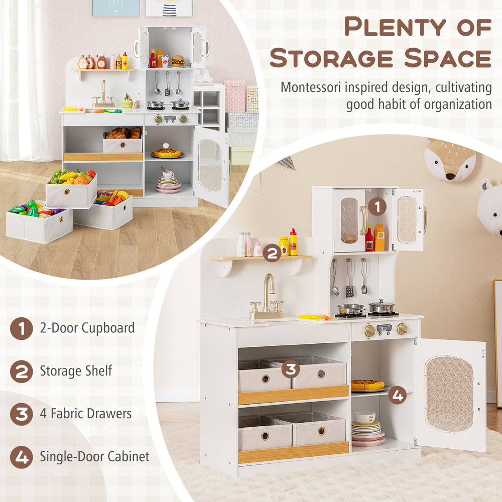 Kids kitchen playset in white with 2-door cupboard, storage shelf, and 4 fabric drawers for organized play.