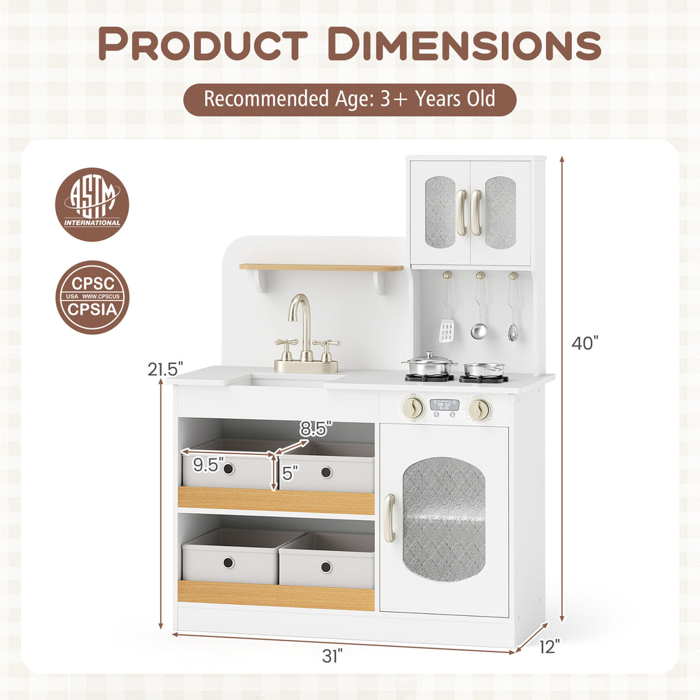 Kids kitchen playset in white with storage drawers, sink, and cooking accessories, designed for children aged 3 and up.