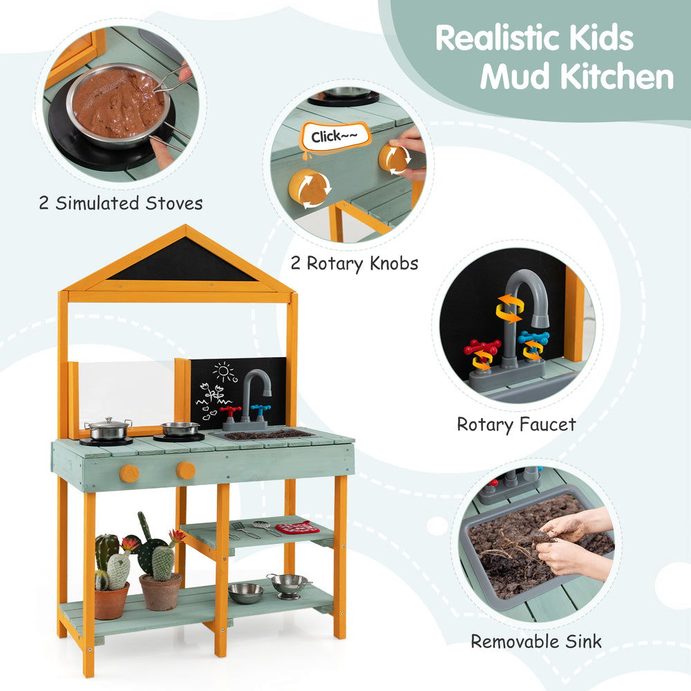 Kids kitchen playset featuring lifelike stoves, rotary knobs, and a removable sink for imaginative cooking fun.