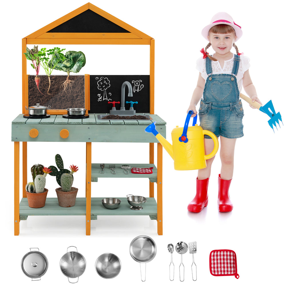 Kids kitchen playset featuring lifelike stoves, rotatable faucet, and root viewer planter for imaginative play.