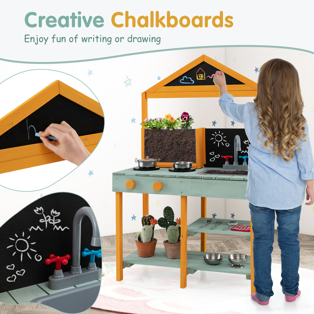 Kids kitchen playset featuring two chalkboards, a rotatable faucet, and realistic stove for imaginative cooking fun.