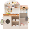 Kids wooden kitchen set in white with coffee maker, ample storage, and 27 accessories for imaginative play.