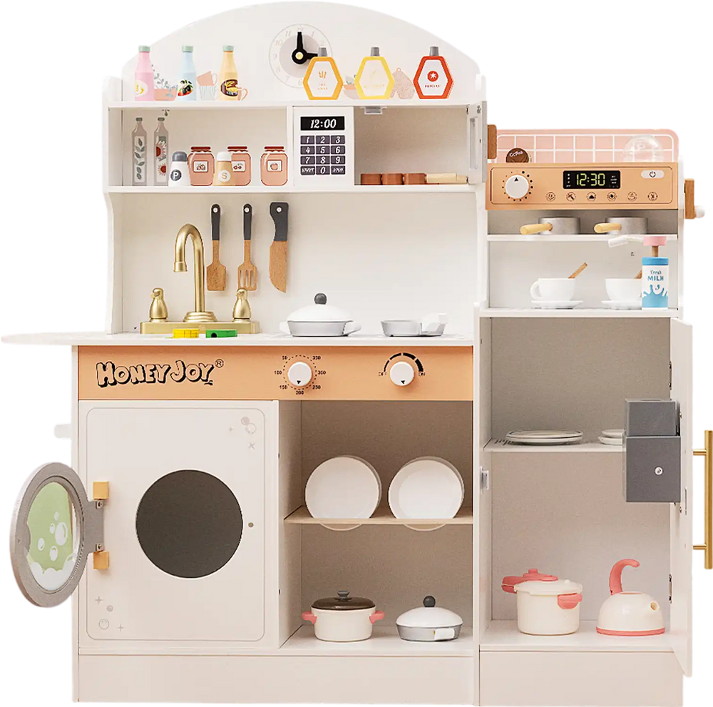 Kids wooden kitchen set in white with coffee maker, ample storage, and 27 accessories for imaginative play.