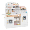 Kids wooden kitchen set with coffee maker, ice maker, and 27 accessories for imaginative play and skill development.