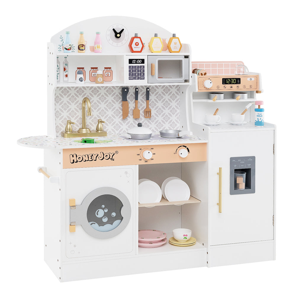 Kids wooden kitchen set with coffee maker, ice maker, and 27 accessories for imaginative play and skill development.
