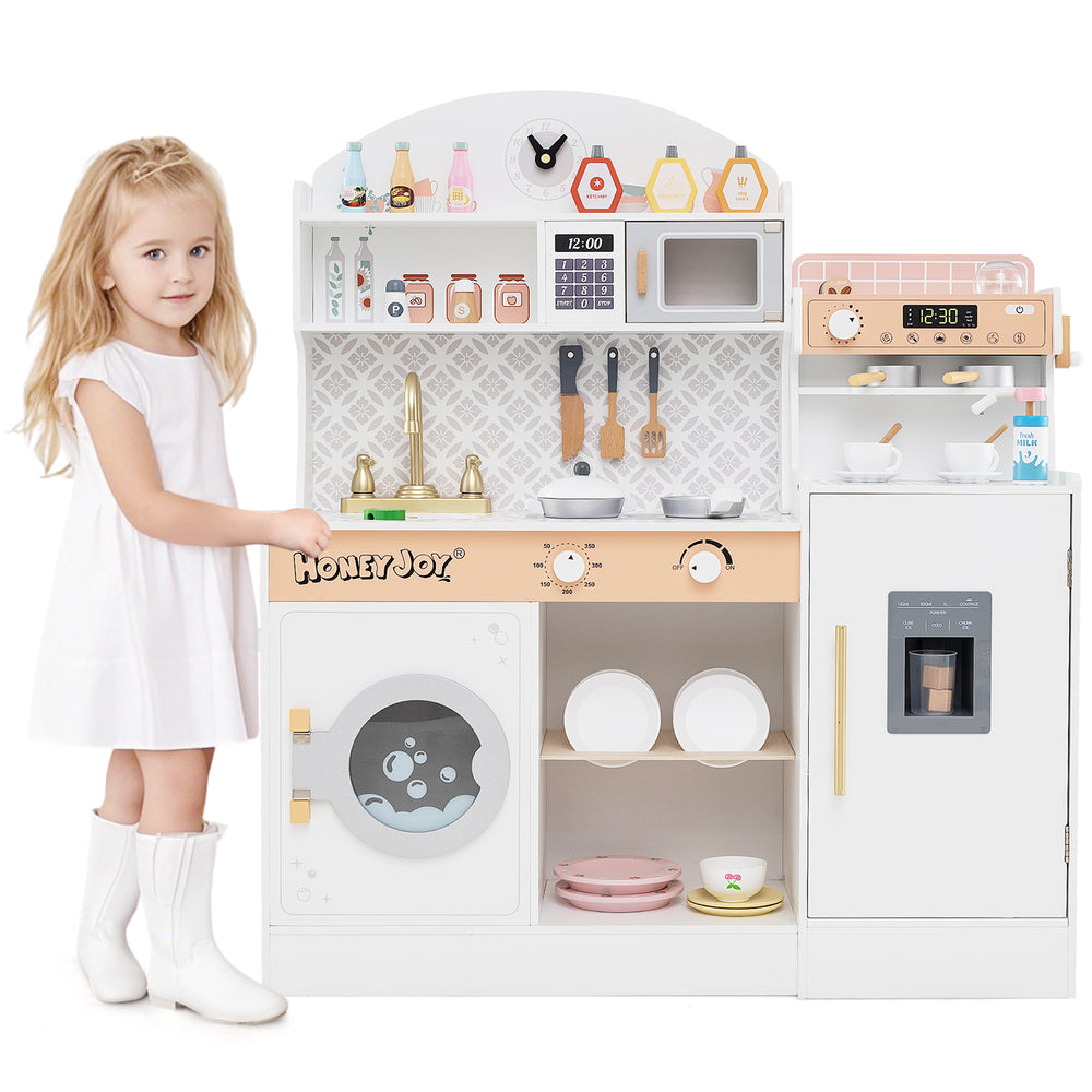Kids kitchen set in white with coffee maker and 27 accessories, designed for imaginative play and skill development.