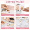 Kids kitchen set with a wooden coffee maker, featuring accessories for pretend play and role-playing fun.