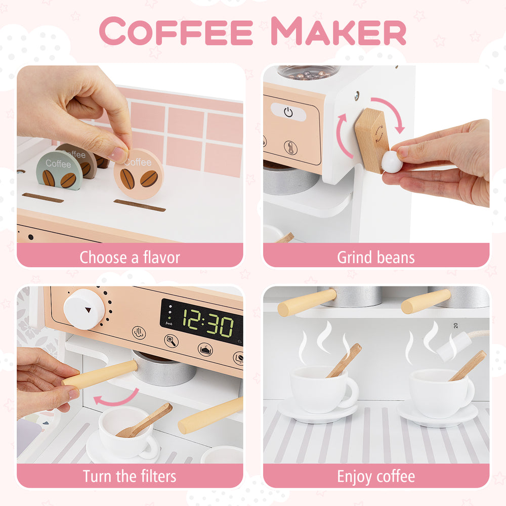 Kids kitchen set with a wooden coffee maker, featuring accessories for pretend play and role-playing fun.