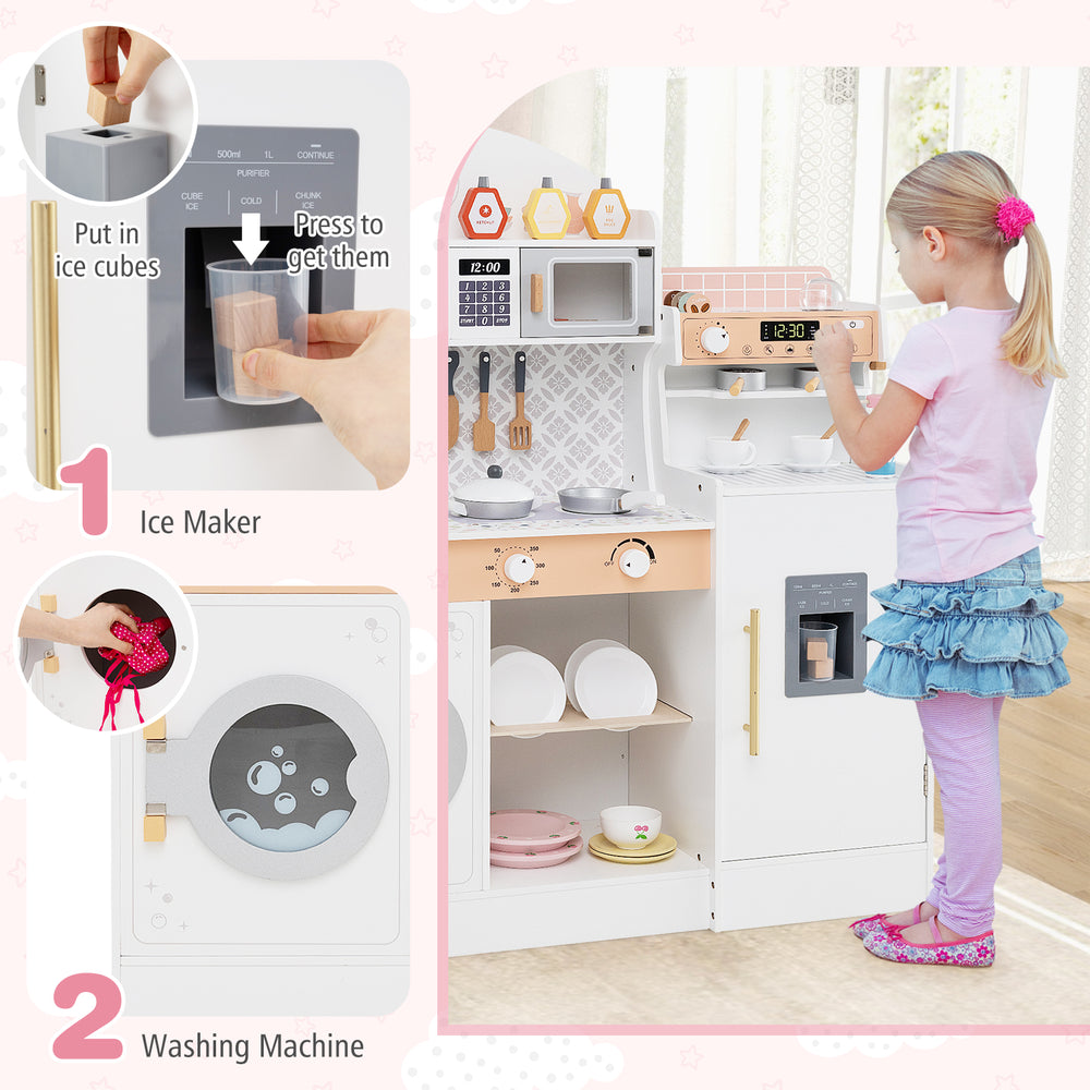 Kids kitchen set featuring a coffee maker and ice maker, designed for role-playing fun with 27 accessories.