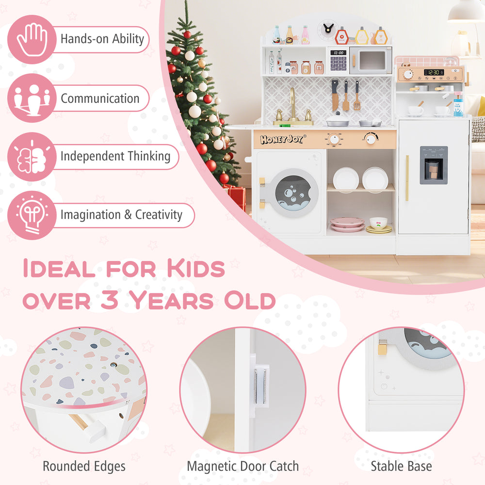 Kids kitchen set in white with coffee maker and 27 accessories, designed for safe play and skill development for ages.