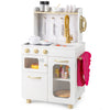 Kids kitchen set in white with stoves, sink, and microwave, perfect for pretend play and encouraging learning.
