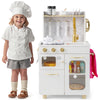 Kids kitchen set in white featuring stove, sink with faucet, microwave, and oven, perfect for imaginative play.