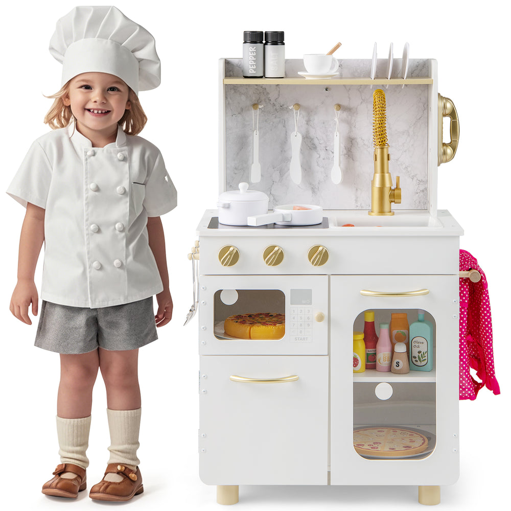 Kids kitchen set in white featuring stove, sink with faucet, microwave, and oven, perfect for imaginative play.