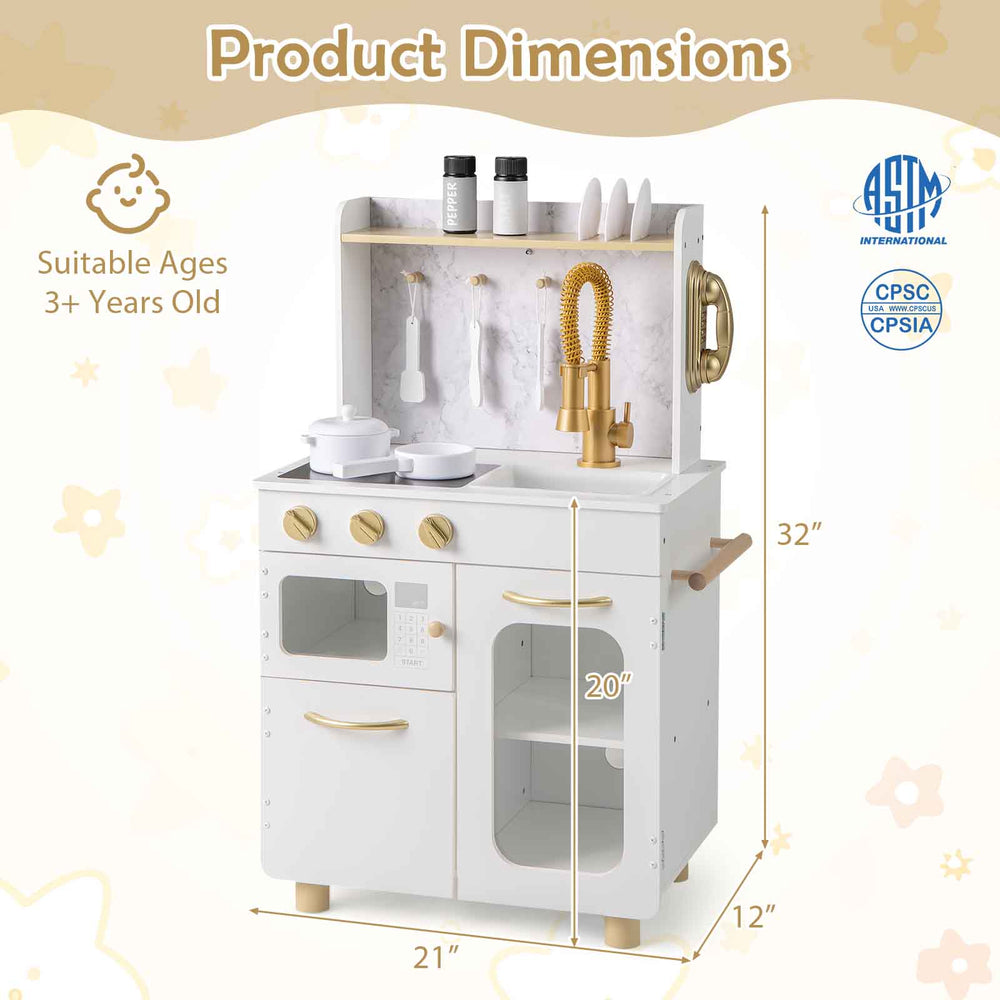 Kids kitchen set with stoves, sink, and microwave, measuring 32" x 21" x 20", perfect for imaginative play.