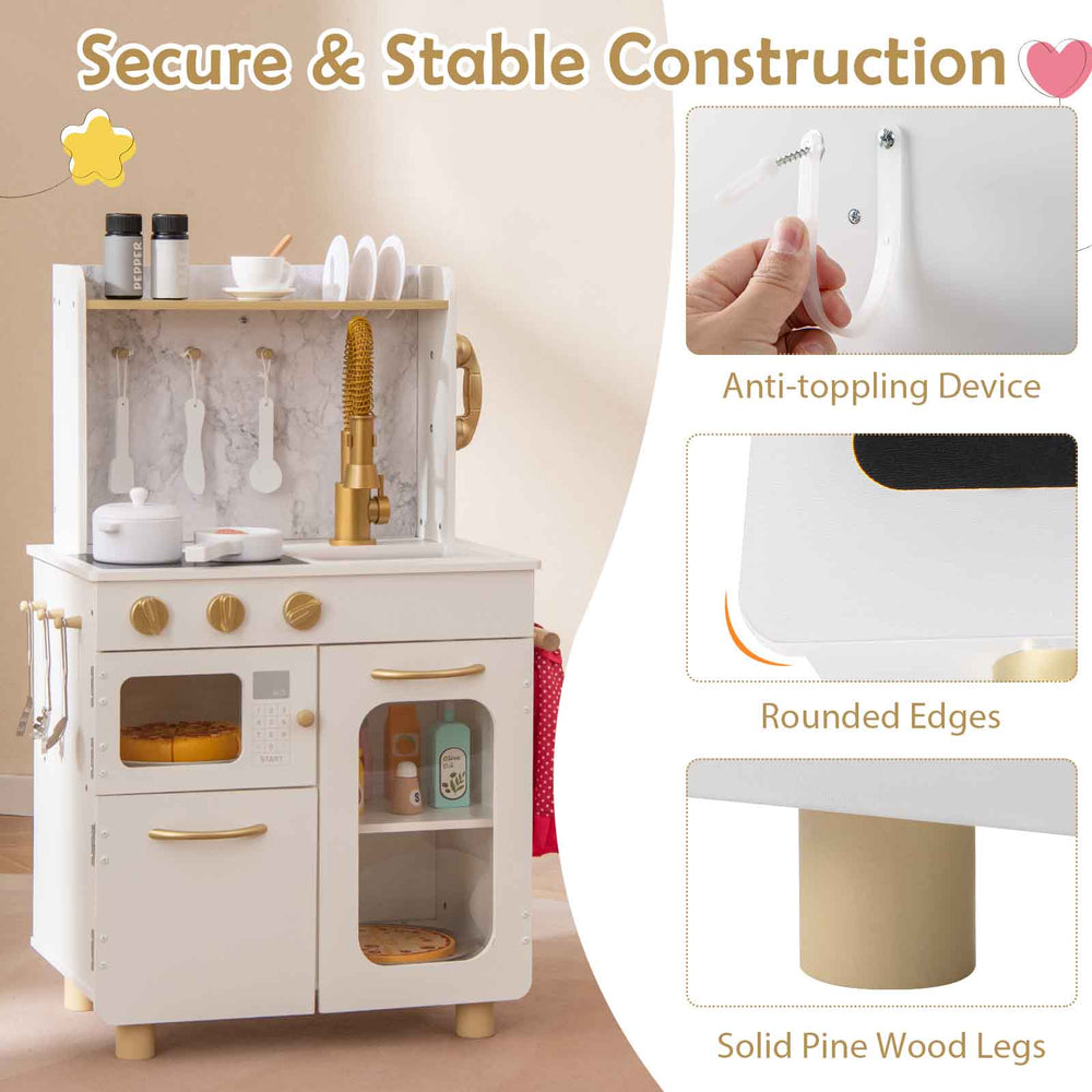 Kids kitchen set with stoves, sink, and solid pine wood legs, featuring anti-toppling device for safe pretend play.