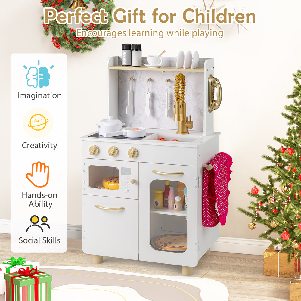 Kids kitchen set in white featuring stoves, sink, and microwave, promoting creativity and hands-on play for children.