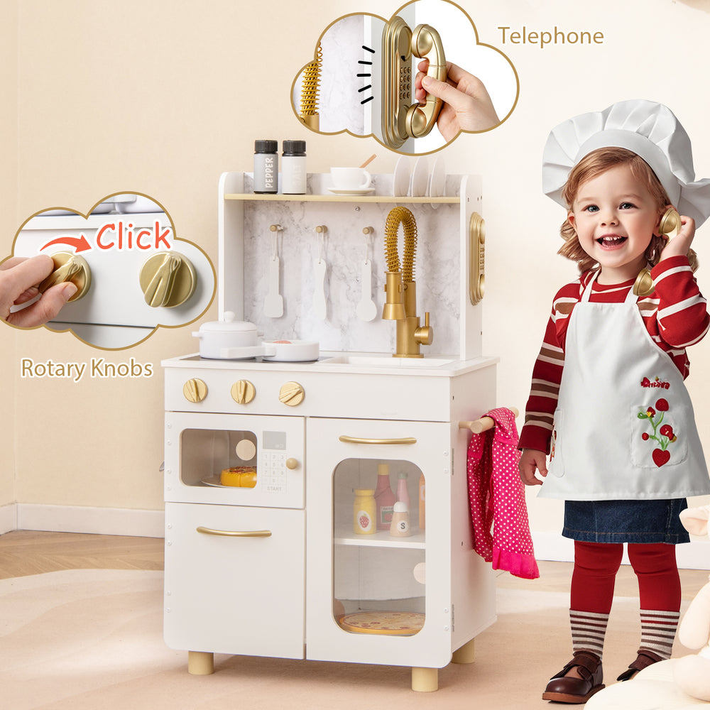 Kids kitchen set in white with stoves, sink, and telephone, designed for pretend play and learning fun.