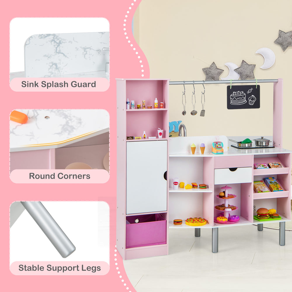 Kids kitchen and market playset in pink with realistic light and sound, featuring ample storage and 82 accessories for.