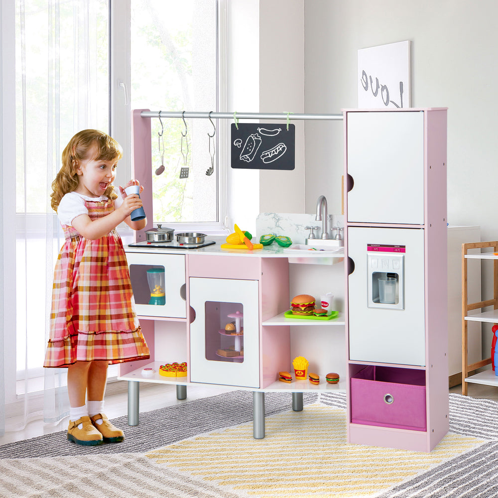 Double-sided kids kitchen and market in pink with realistic light, sound, and 82 accessories for imaginative play.