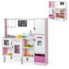 Double-sided kids kitchen and market in pink with light, sound, and 82 accessories for imaginative play.