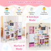Double-sided kids kitchen and market set in pink with realistic light and sound, featuring ample storage and 82.