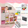 Double-sided kids kitchen and market in pink with light and sound stoves, storage, and 82 accessories for imaginative.