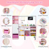 Double-sided kids kitchen and market in pink with ample storage, light and sound effects, and 82 accessories for.