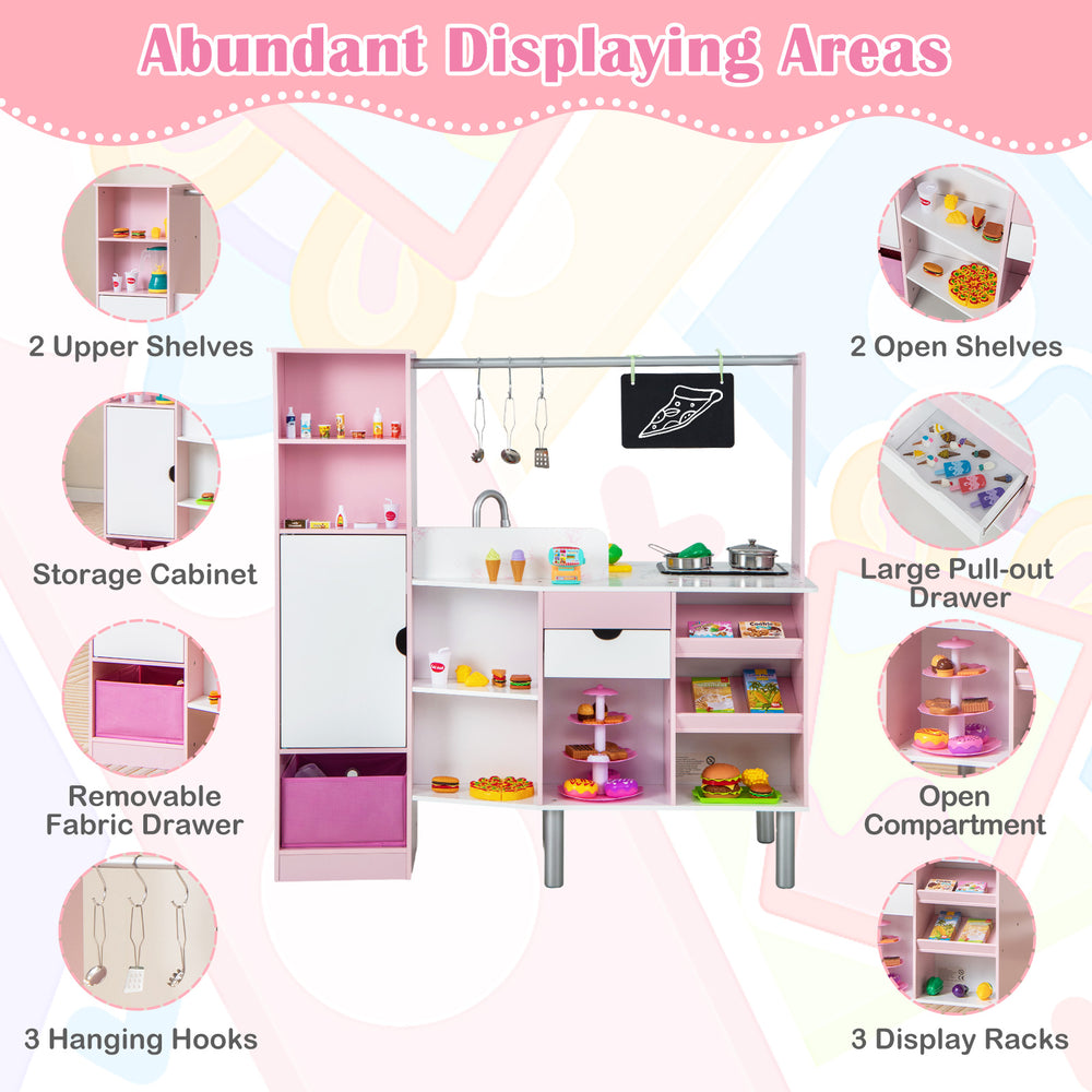Double-sided kids kitchen and market in pink with ample storage, light and sound effects, and 82 accessories for.