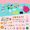 Colorful set of 82 kitchen accessories for kids, including utensils, food items, and storage, for imaginative play.