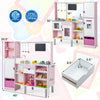 Double-sided kids kitchen and market in pink with realistic light and sound, featuring ample storage and 82 accessories.