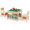 Kids 4-in-1 activity table set with reversible tabletop, paired with two chairs and a bookshelf for versatile play.