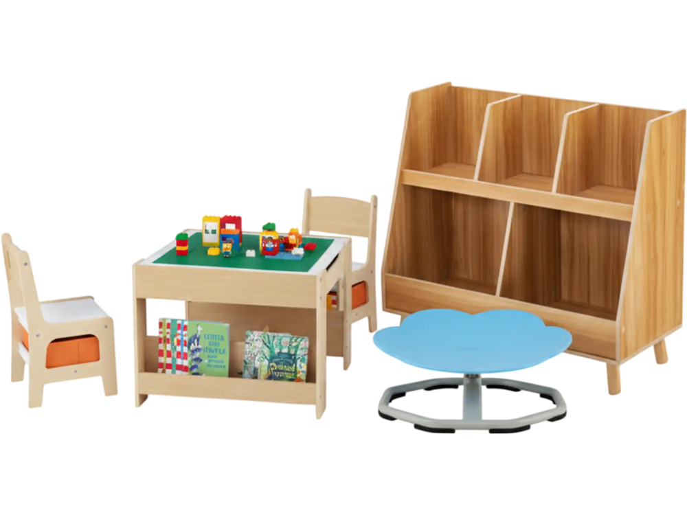 Kids Learning & Play Essentials Bundle — Bookshelf + 4-in-1 Activity Table Set + 360° Swivel Chair