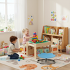 Kids playing at a 4-in-1 activity table set with building blocks and a 360° swivel chair in a bright playroom.