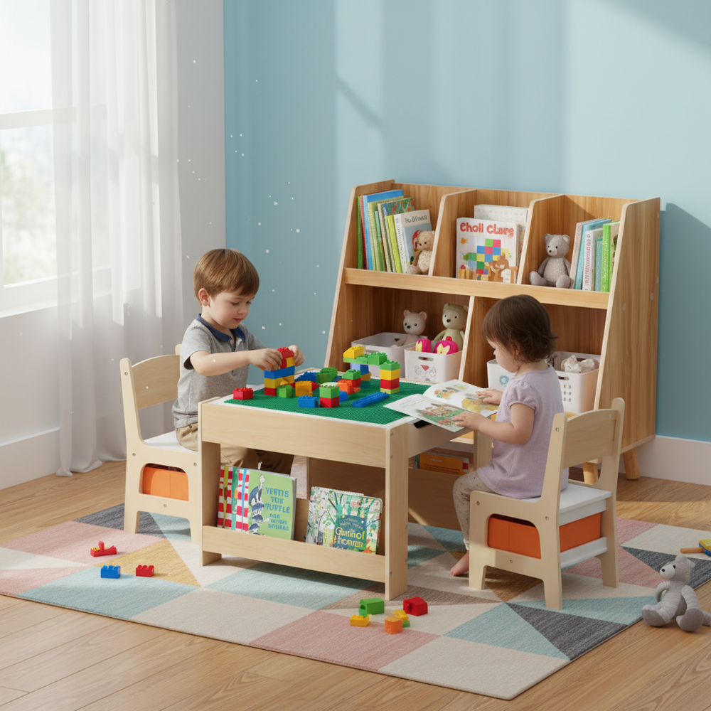 Kids playing at a 4-in-1 activity table set with reversible tabletop, featuring a natural wood bookshelf and blue.