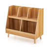Kids bookshelf and toy organizer in natural wood finish with spacious open storage for books and toys.