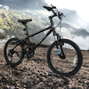 Kids mountain bike in black with 20-inch wheels, featuring a suspension fork and dual V-brakes for safe riding.