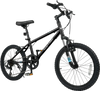 Kids mountain bike in black with 20-inch wheels, adjustable saddle, and dual V-brakes for safe riding on various.
