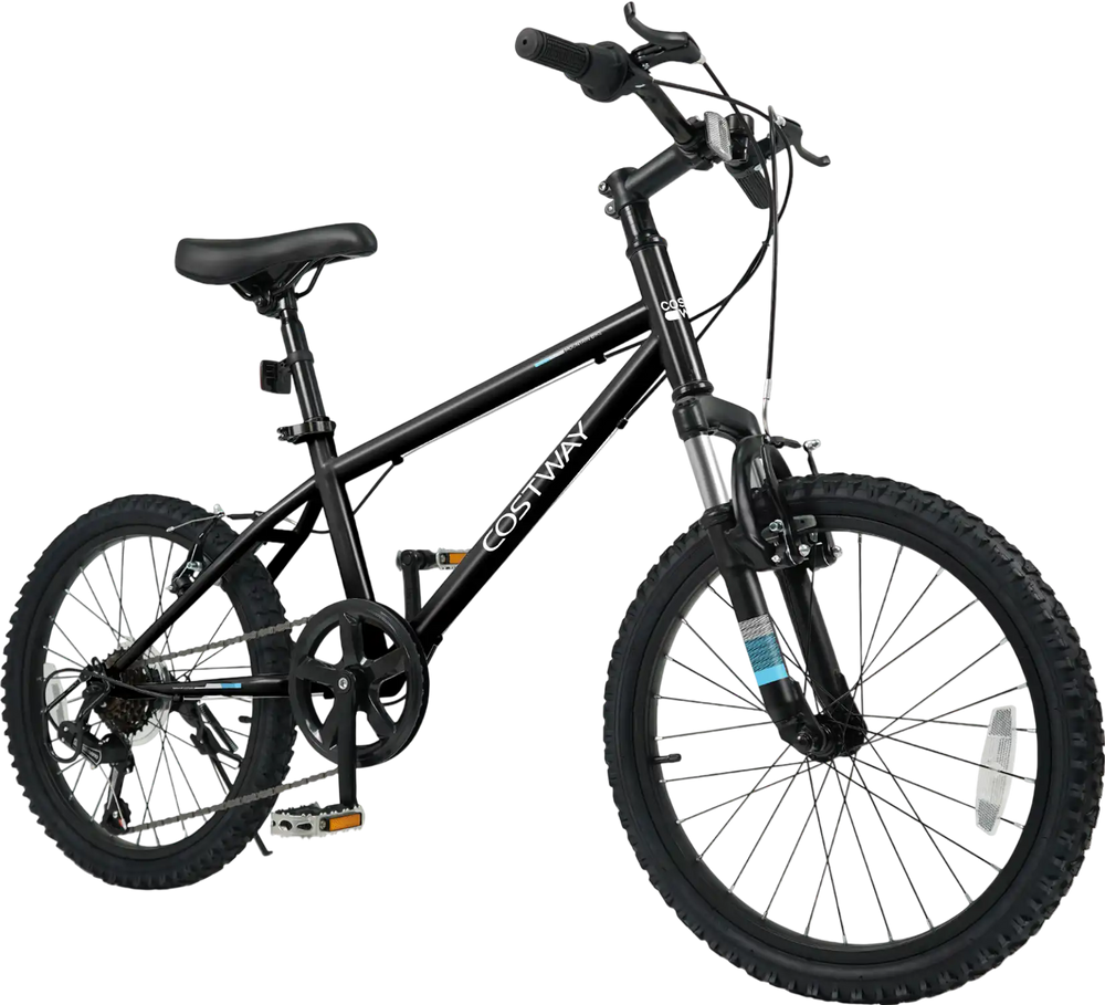 Kids mountain bike in black with 20-inch wheels, adjustable saddle, and dual V-brakes for safe riding on various.