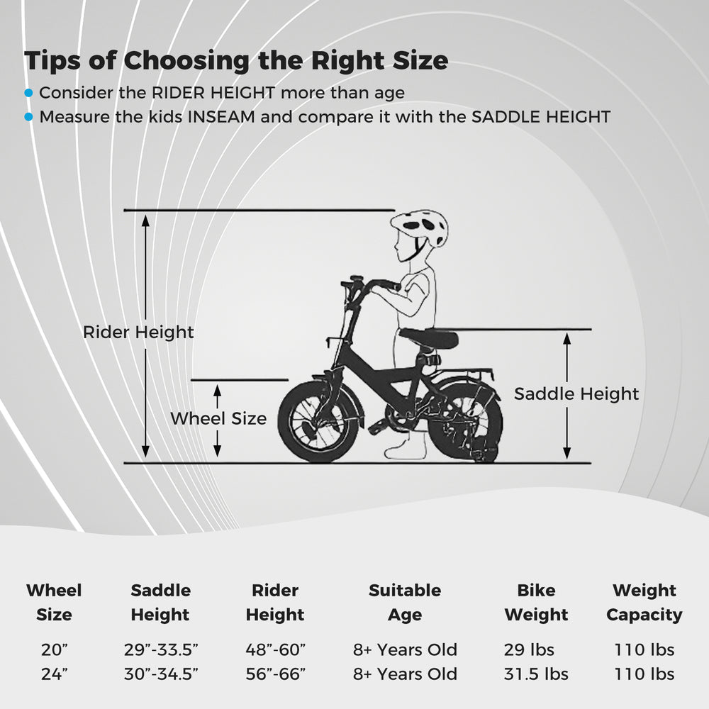 Size chart for Kids Mountain Bike showing wheel size, saddle height, and rider height for optimal fit and safety.