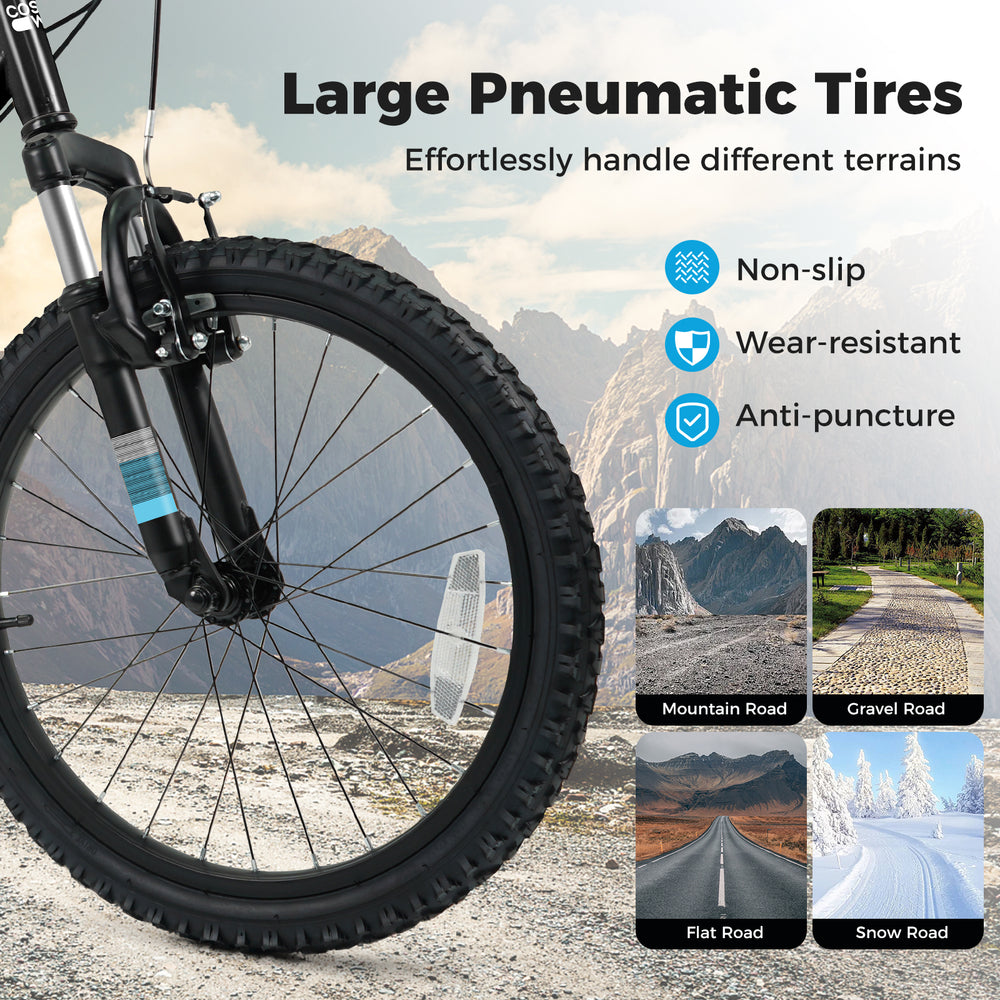 Large pneumatic tire of the Kids Mountain Bike, showcasing its non-slip, wear-resistant, and anti-puncture features for.